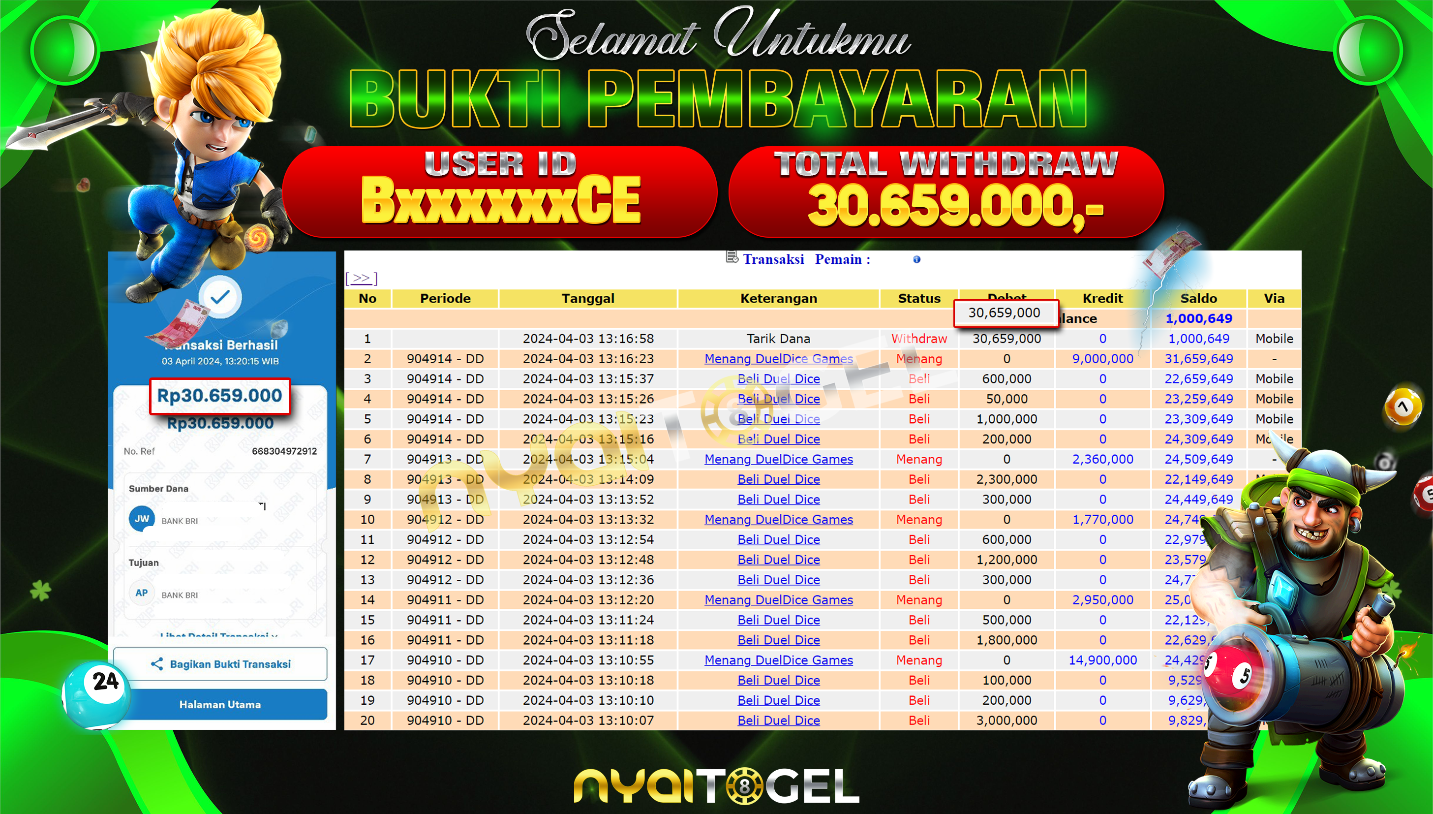 NYAITOGEL Bukti Jackpot Livecasino Di Duel Dice Rp.30.659.000,-