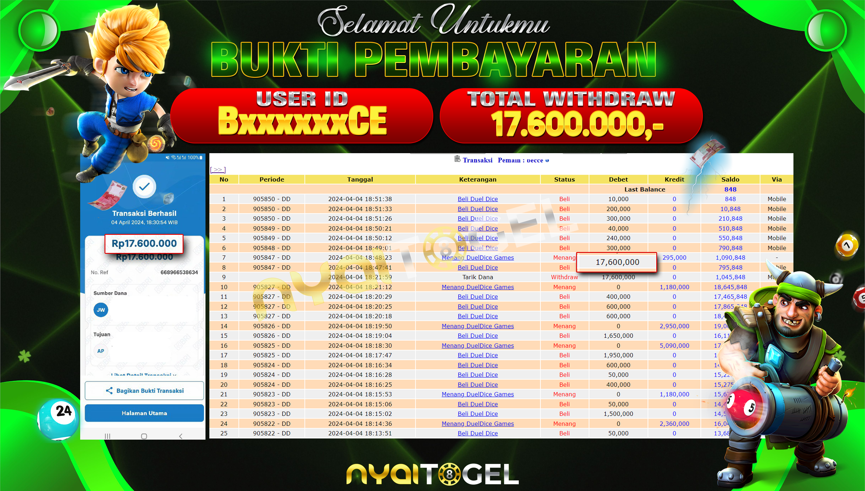 NYAITOGEL Bukti Jackpot Livecasino Di Duel Dice Rp.17.600.000,-