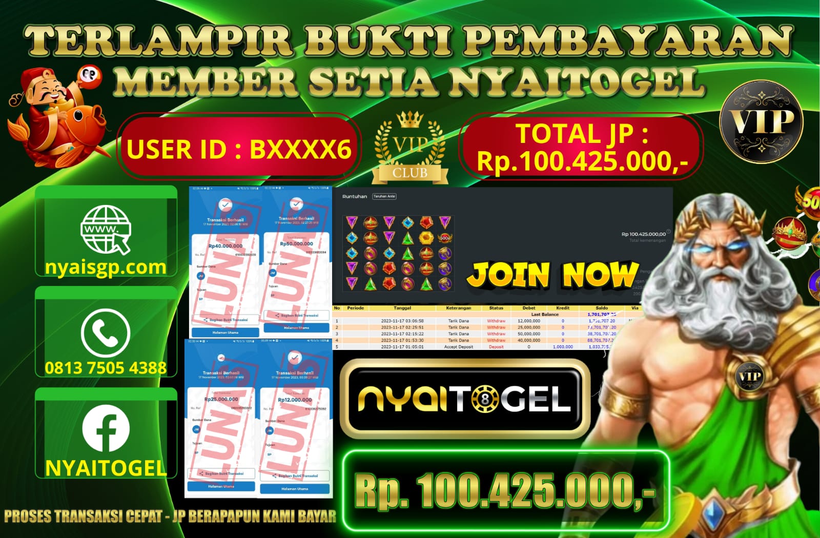 NYAITOGEL Bukti Jackpot Slot Di Gates Of Olympus Rp.100.425.000,-