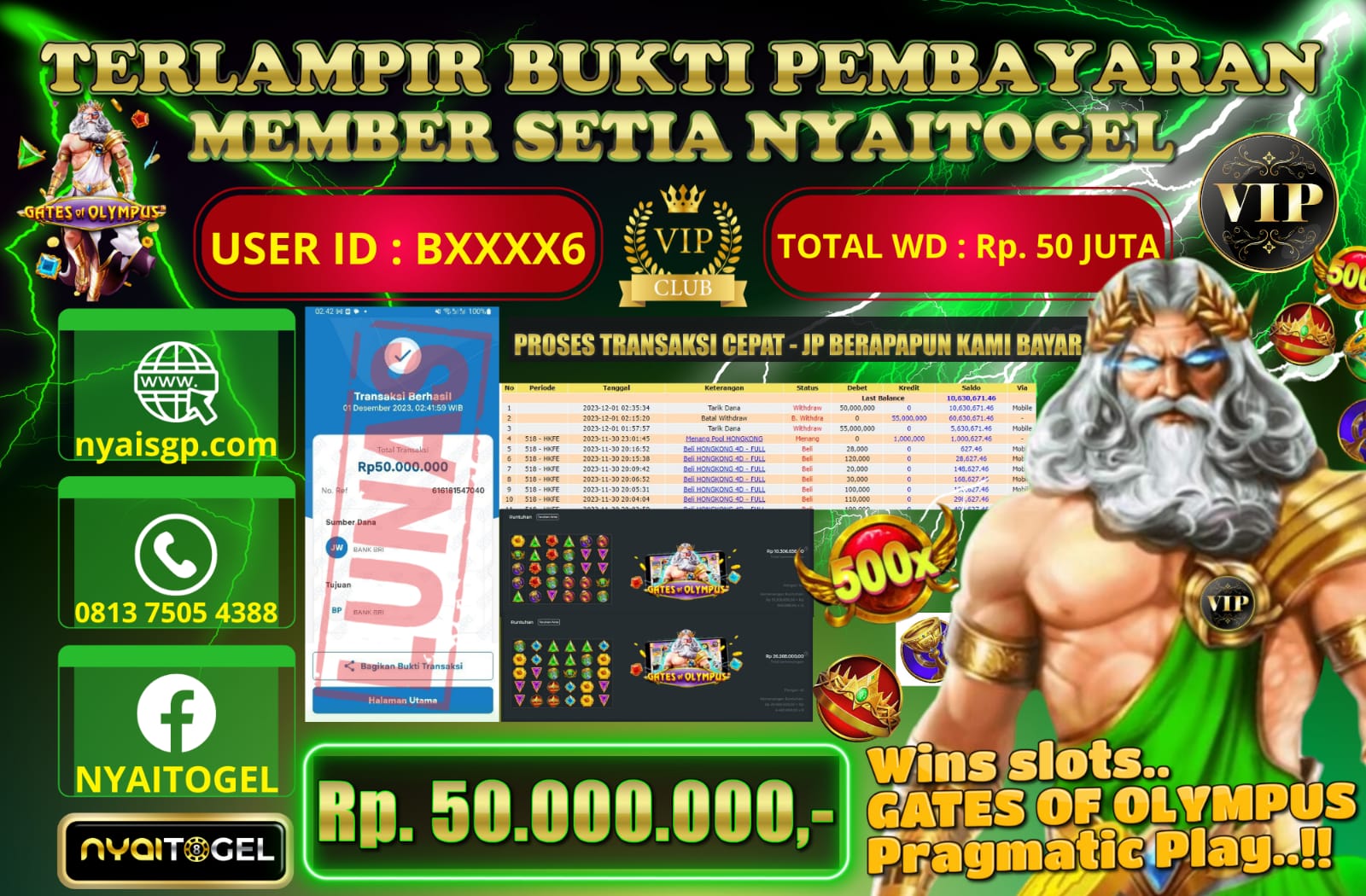 NYAITOGEL Bukti Jackpot Slot Di Gates Of Olympus Rp.50.000.000,-